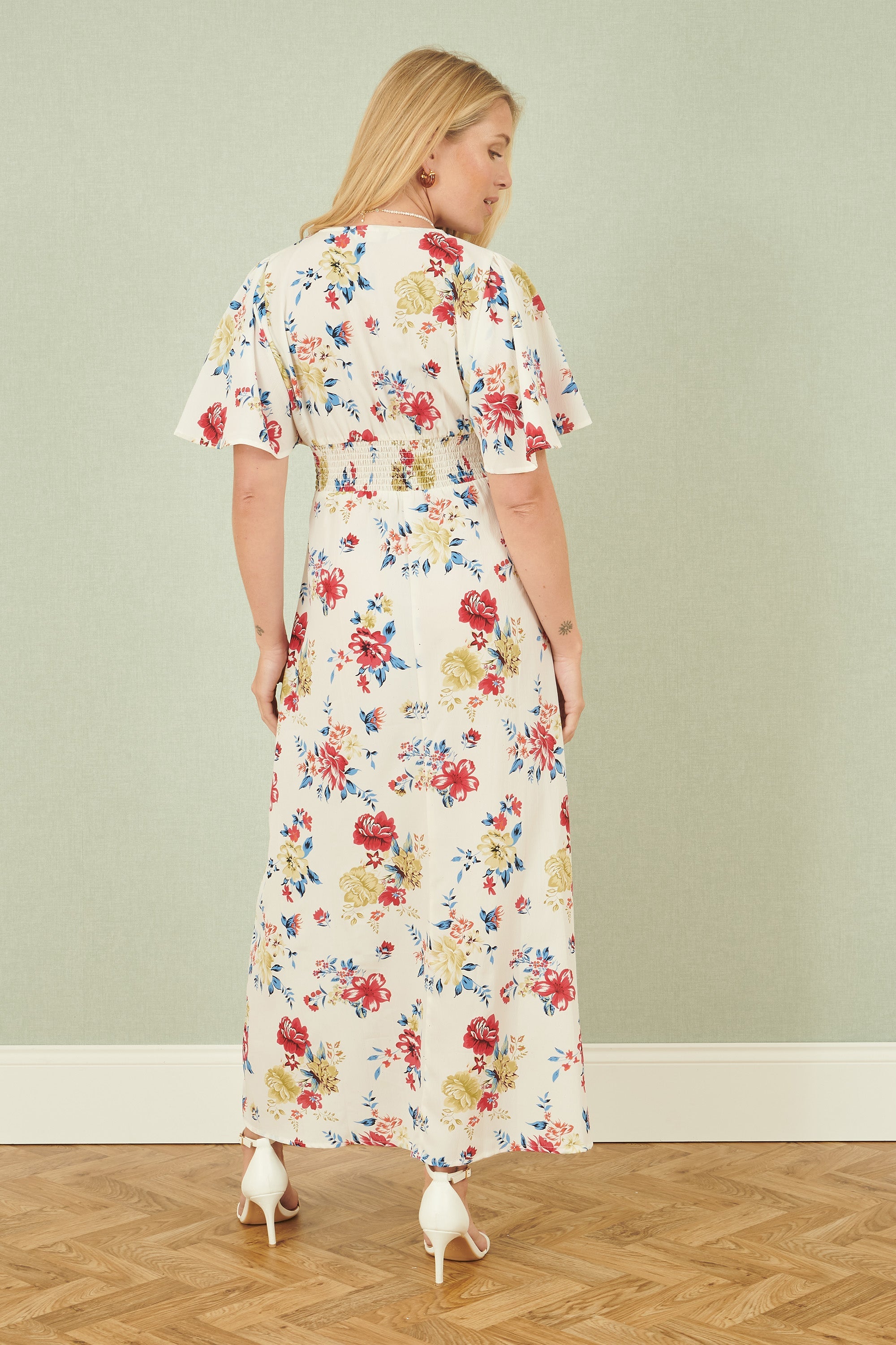 Yumi White Floral Recycled Fabric Ruched Waist Midi Dress