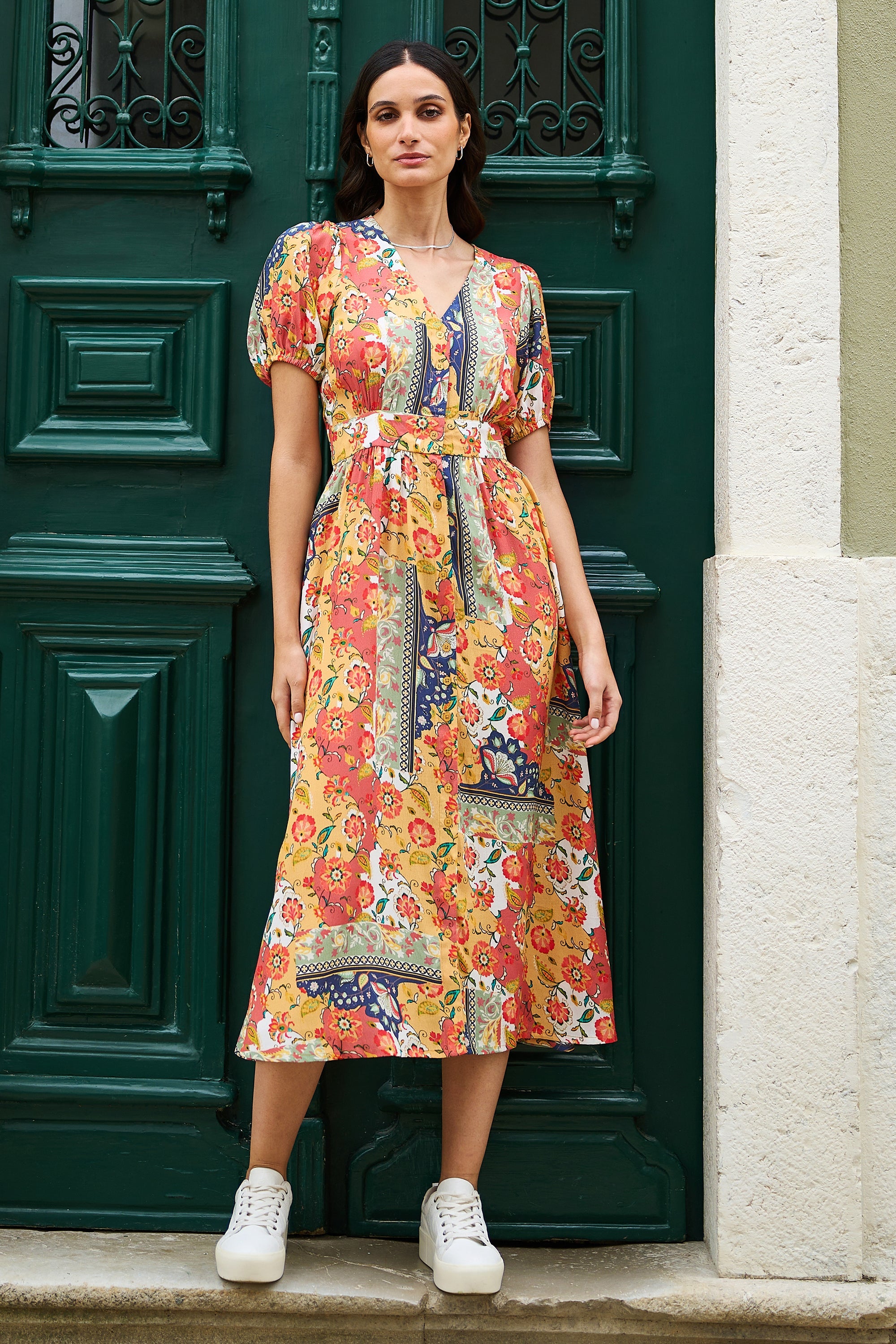 Yumi Multicolour Floral Patchwork Print Midi Shirt Dress