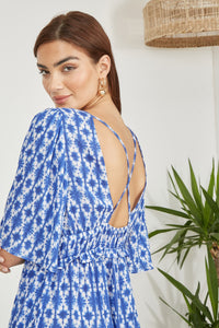 Yumi Blue Aztec Print Maxi Dress With Cross Over Back