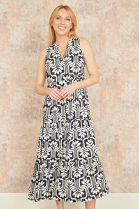 Yumi Navy Retro Print Relaxed Midi Dress