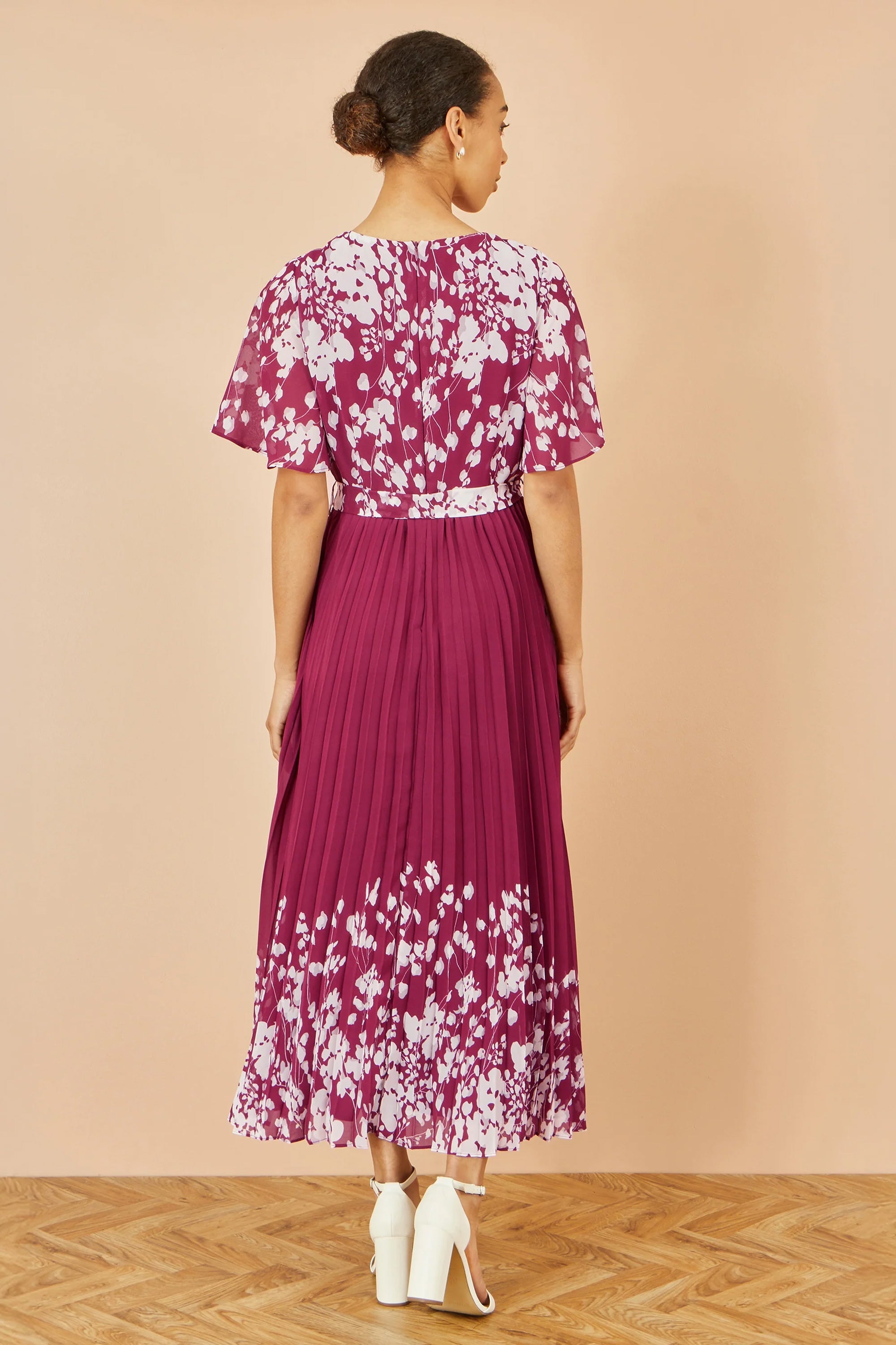 Yumi Burgundy Mirror Floral Design Pleated Midi Dress