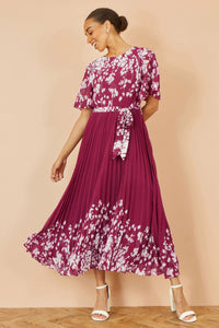 Yumi Burgundy Mirror Floral Design Pleated Midi Dress