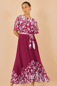 Yumi Burgundy Mirror Floral Design Pleated Midi Dress