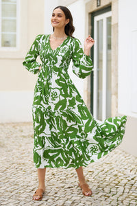 Yumi Green Abstract Print Ruched Midi Dress with Long Sleeves