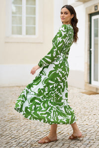 Yumi Green Abstract Print Ruched Midi Dress with Long Sleeves