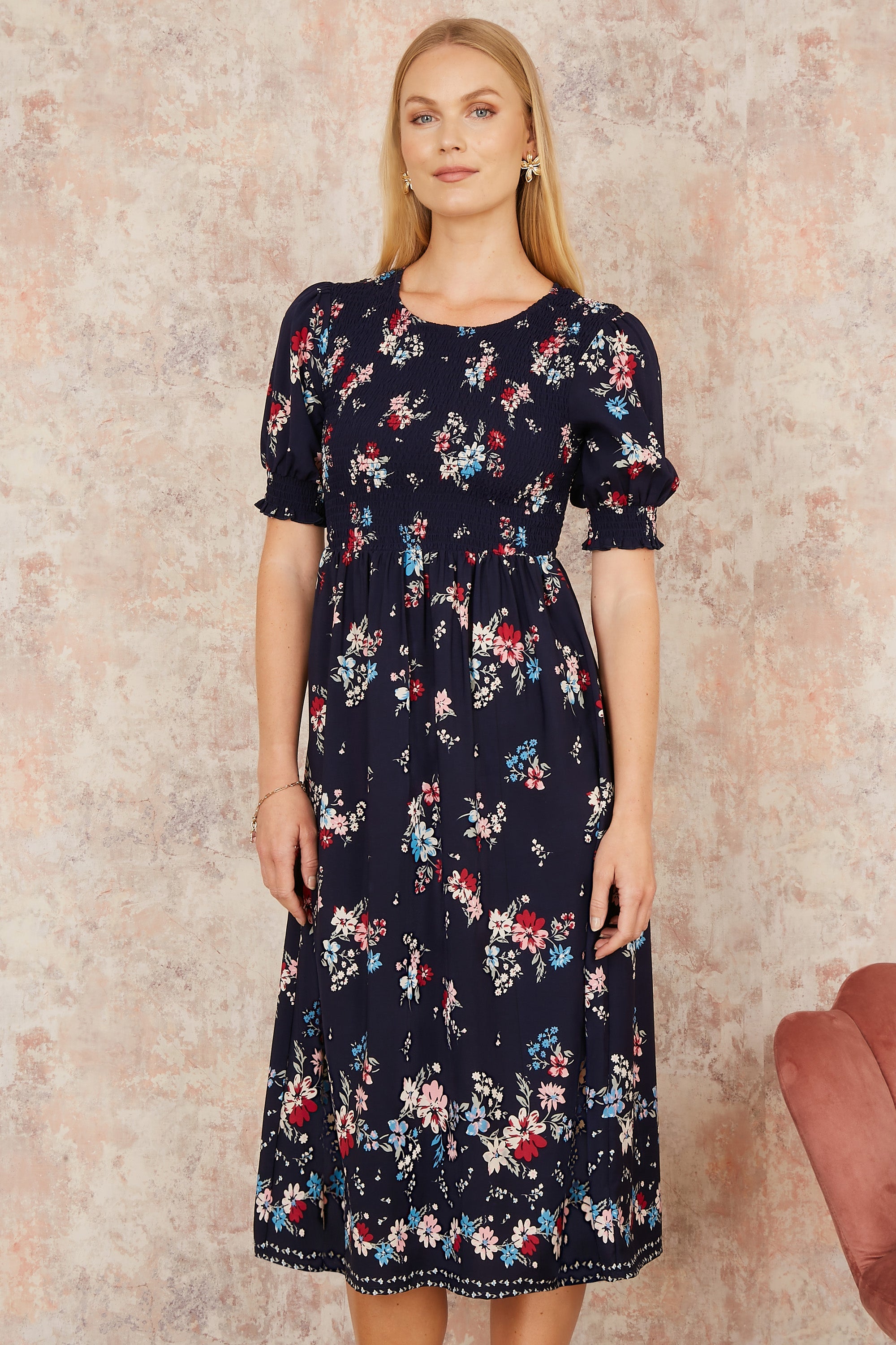 Yumi Navy Recycled Floral Ruched Midi Dress With Puff Sleeves