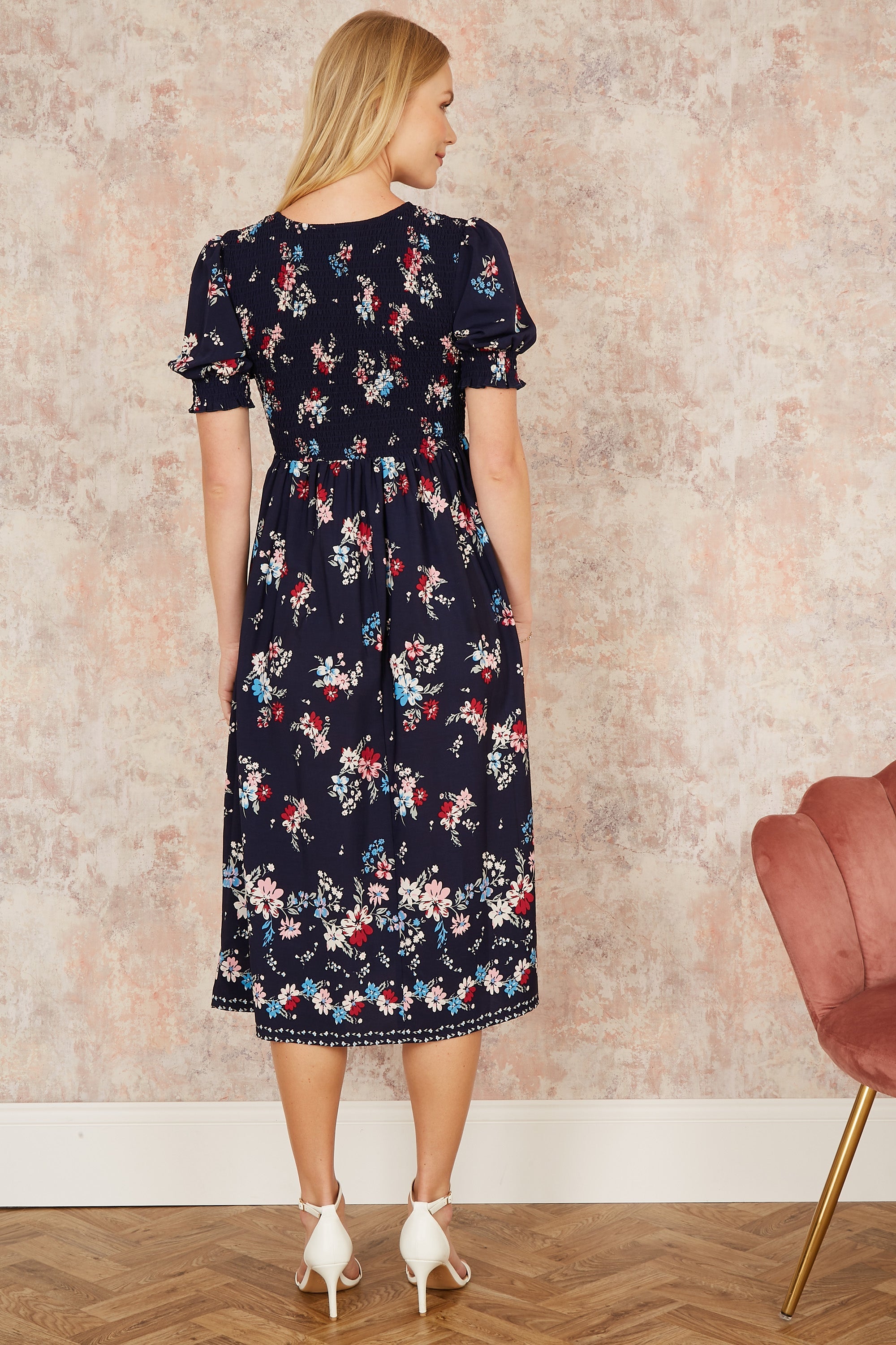 Yumi Navy Recycled Floral Ruched Midi Dress With Puff Sleeves