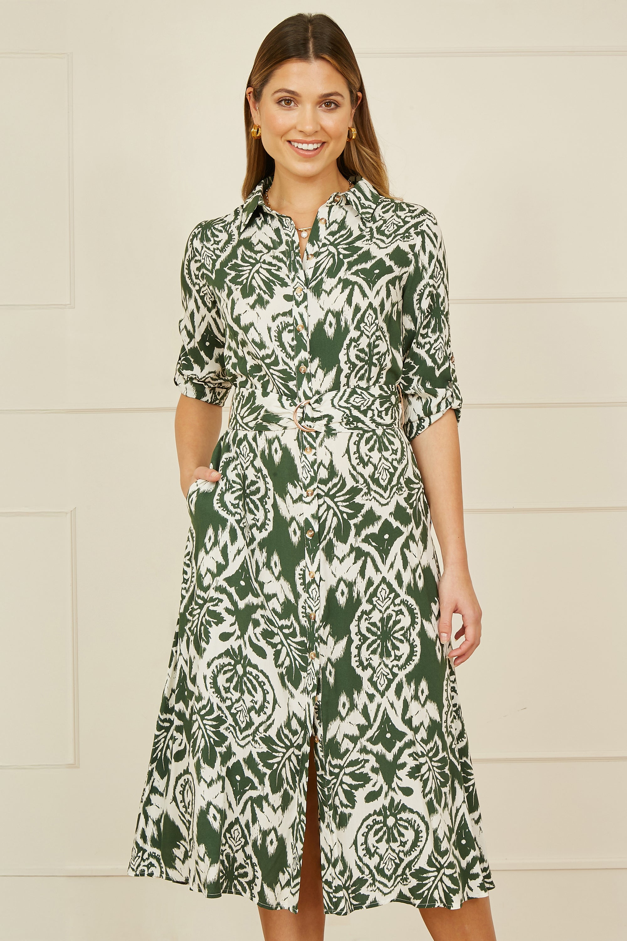 Yumi Green Ikat Geo Print Midi Shirt Dress