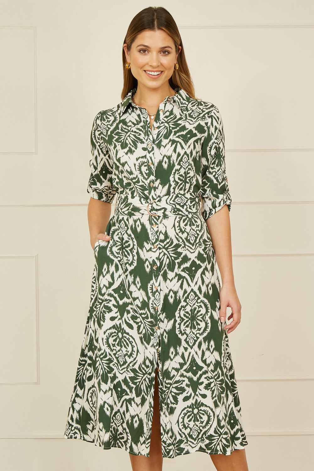 Yumi Green Ikat Geo Print Midi Shirt Dress for Effortless Style