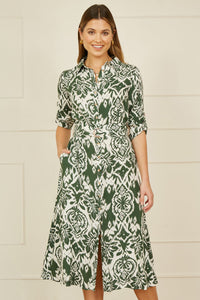 Yumi Green Ikat Geo Print Midi Shirt Dress for Effortless Style