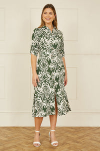 Yumi Green Ikat Geo Print Midi Shirt Dress for Effortless Style