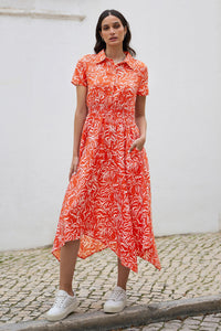 Yumi Coral Tropical Leaf print Midi Ruched Shirt Dress