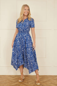 Yumi Blue Leaf Print Dip Hem Midi Shirt Dress