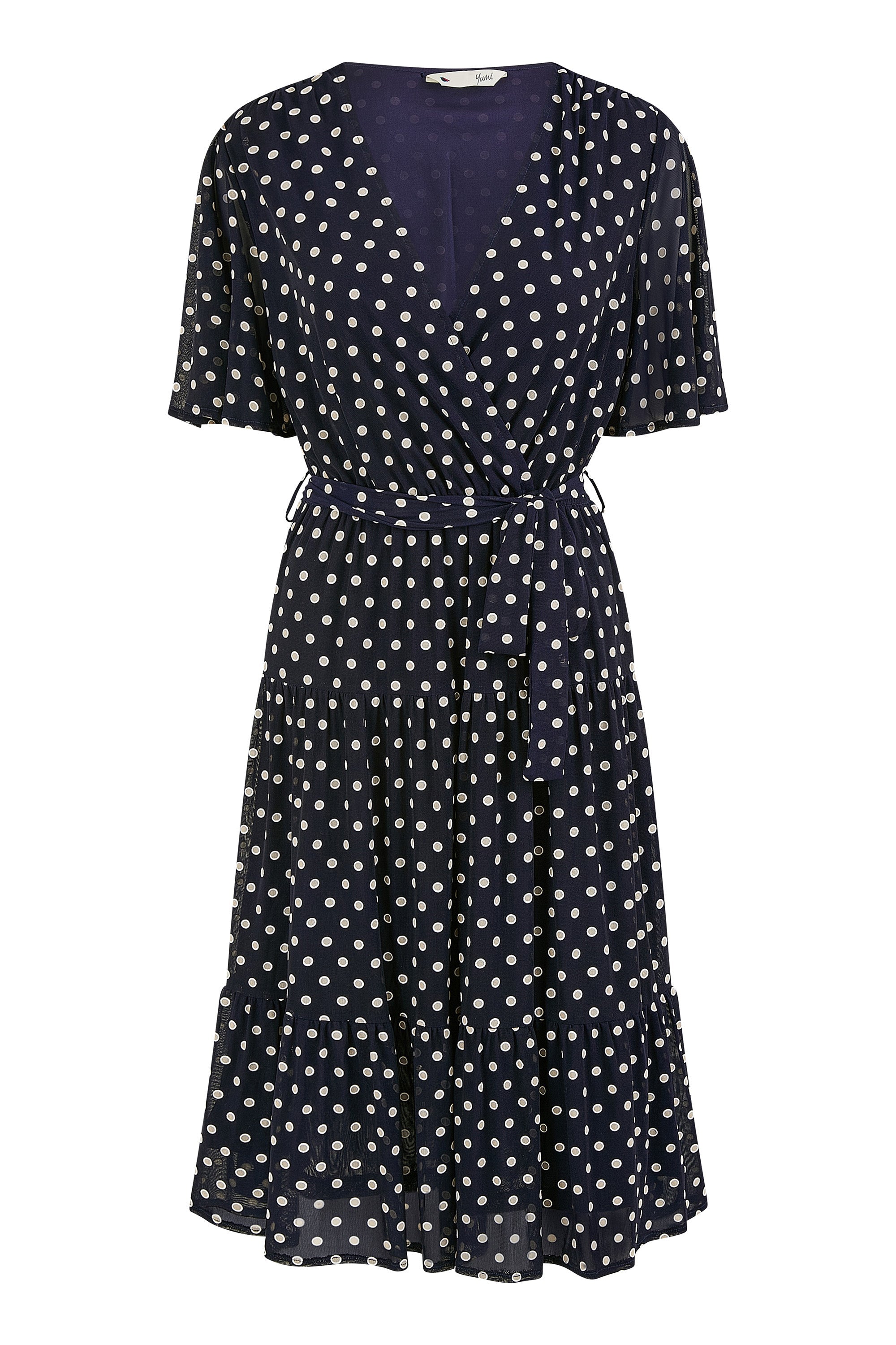 Yumi Navy Dot Print Mesh Stretch Midi Skater Dress