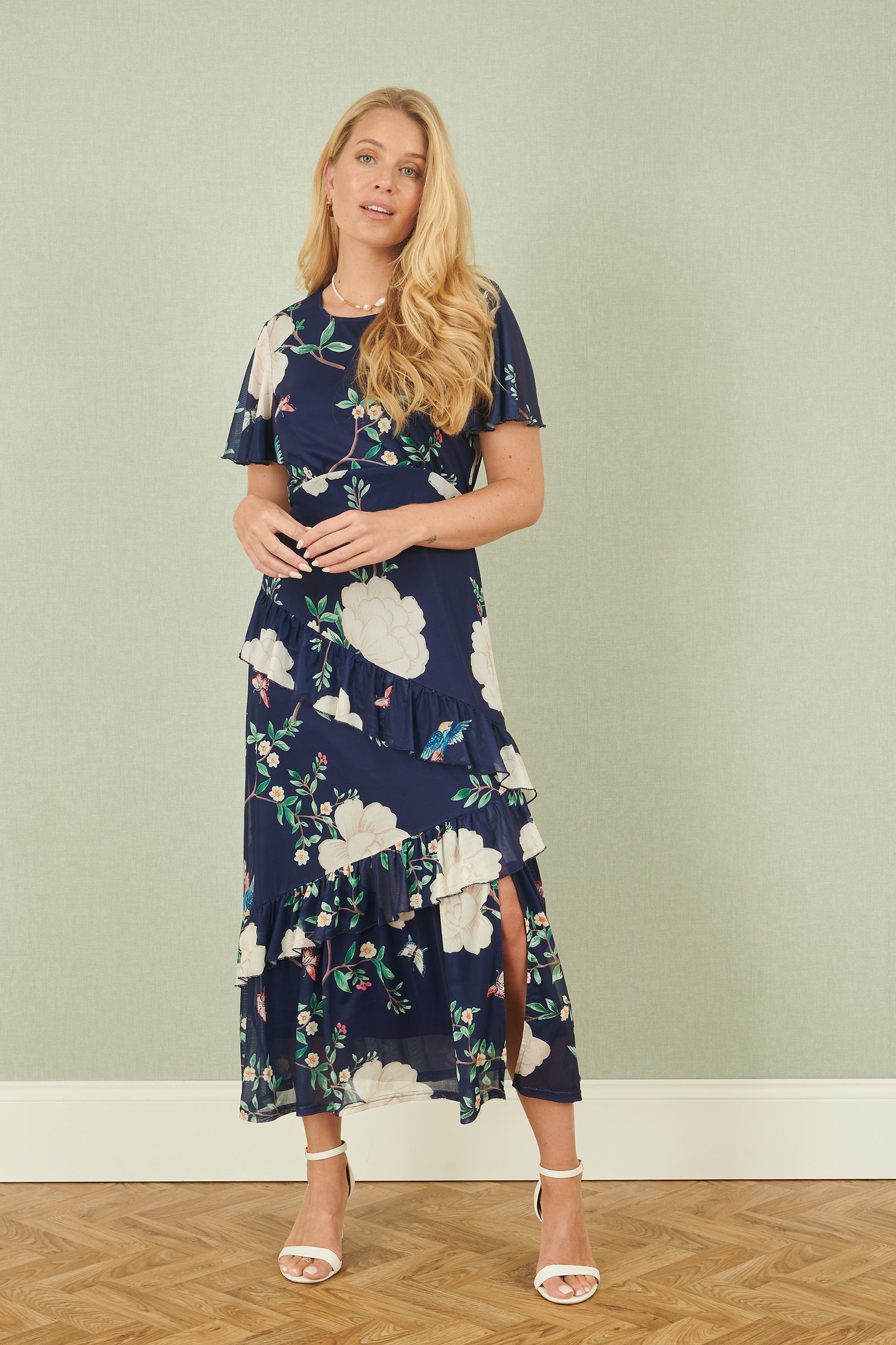 Yumi Navy Mesh Bird And Floral Print Midi Dress With Ruffles