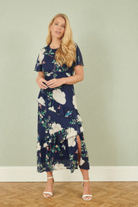 Yumi Navy Mesh Bird And Floral Print Midi Dress With Ruffles