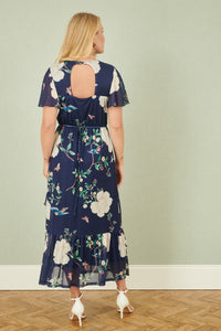 Yumi Navy Mesh Bird And Floral Print Midi Dress With Ruffles