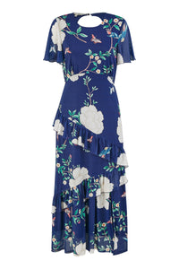 Yumi Navy Mesh Bird And Floral Print Midi Dress With Ruffles
