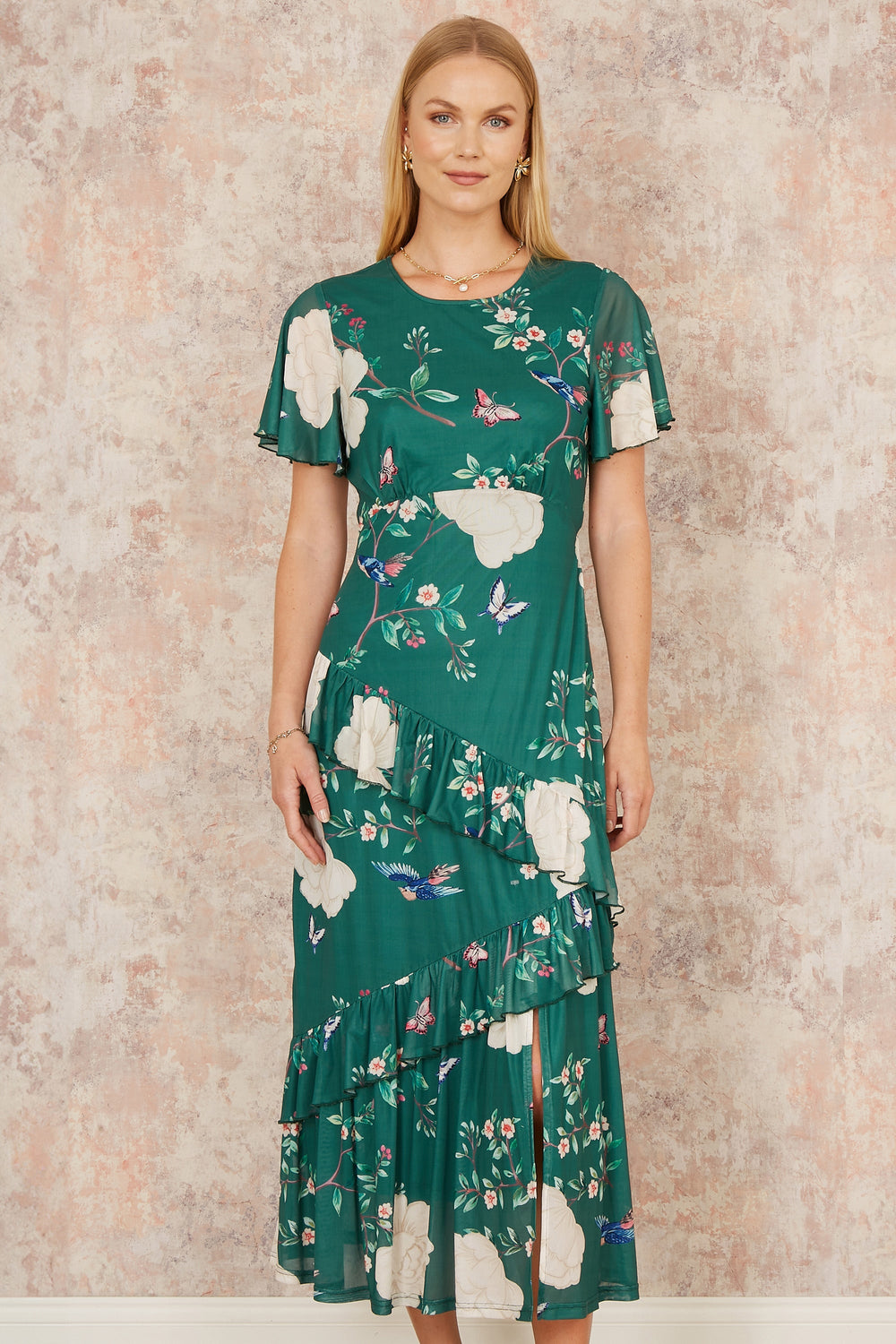 Yumi Green Midi Dress with Bird and Floral Print and Ruffles