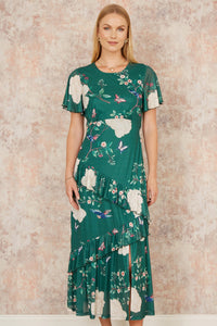 Yumi Green Midi Dress with Bird and Floral Print and Ruffles