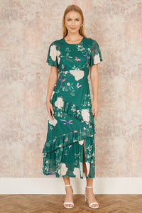 Yumi Green Midi Dress with Bird and Floral Print and Ruffles