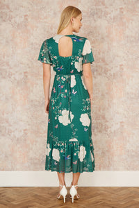 Yumi Green Midi Dress with Bird and Floral Print and Ruffles