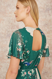 Yumi Green Midi Dress with Bird and Floral Print and Ruffles
