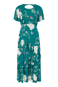 Yumi Green Midi Dress with Bird and Floral Print and Ruffles