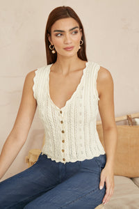 Yumi Beige V Neck Button Down Crochet Knitted Top