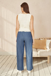 Yumi Beige V Neck Button Down Crochet Knitted Top