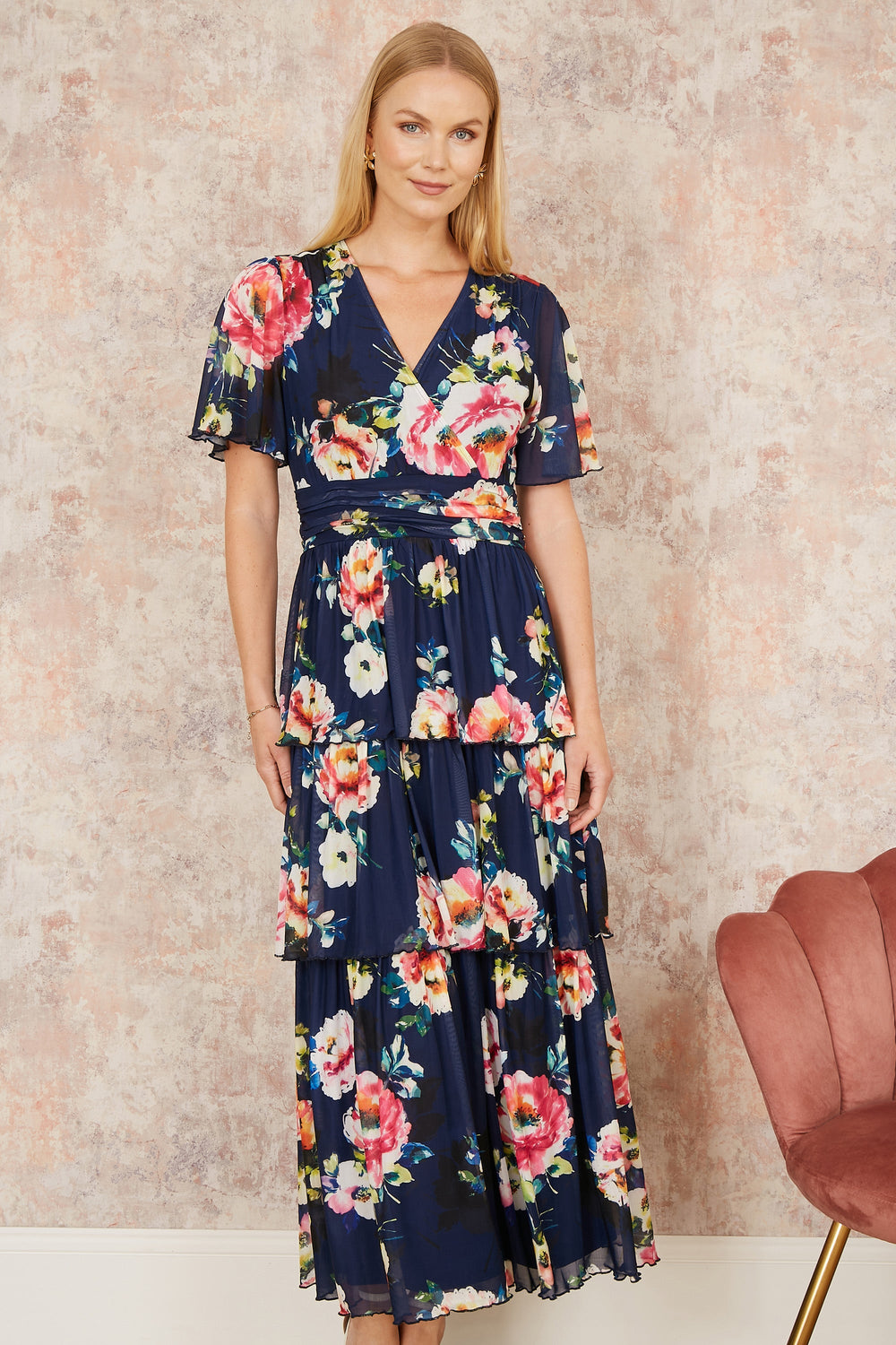 Yumi Navy Floral Mesh Maxi Dress with Tiered Hem