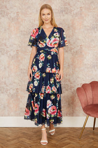 Yumi Navy Floral Mesh Maxi Dress with Tiered Hem