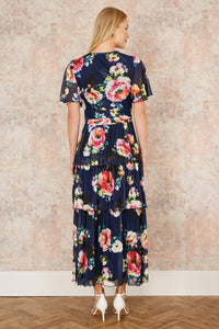 Yumi Navy Floral Mesh Maxi Dress with Tiered Hem