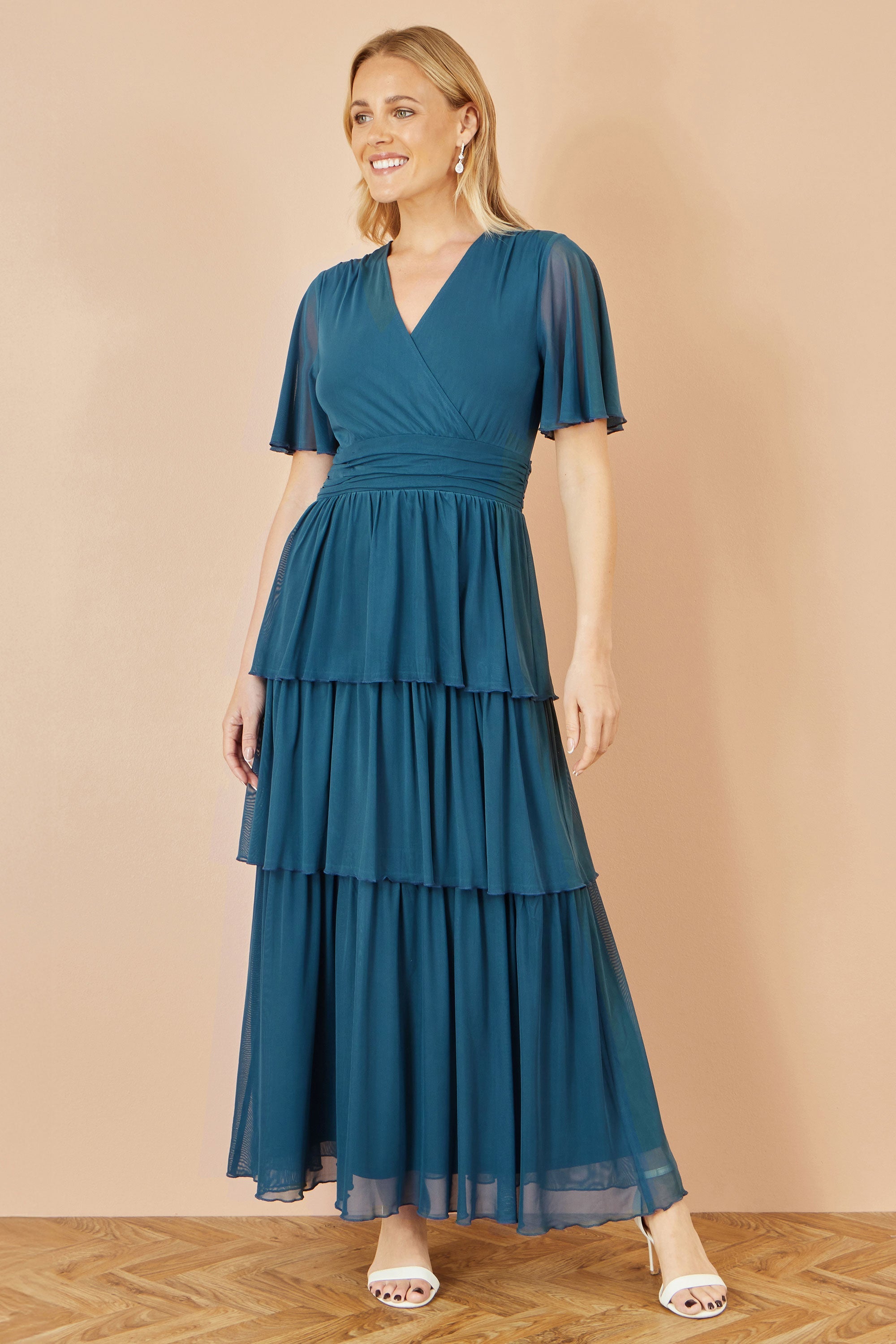 Yumi Teal Mesh Tiered Maxi Dress