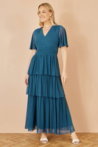 Yumi Teal Mesh Tiered Maxi Dress