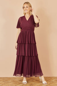 Yumi Burgundy Mesh Tiered Maxi Dress for Effortless Elegance