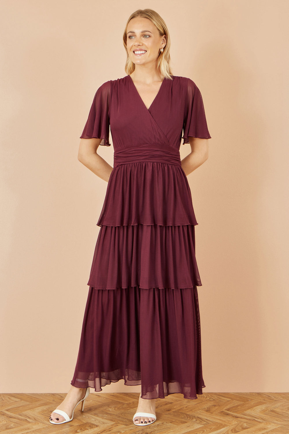 Yumi Burgundy Mesh Tiered Maxi Dress for Effortless Elegance