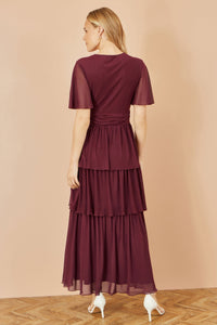 Yumi Burgundy Mesh Tiered Maxi Dress for Effortless Elegance