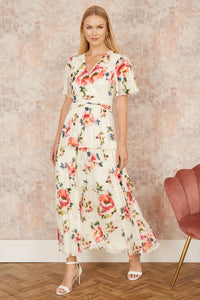 Yumi Ivory Floral Mesh Tiered Maxi Dress