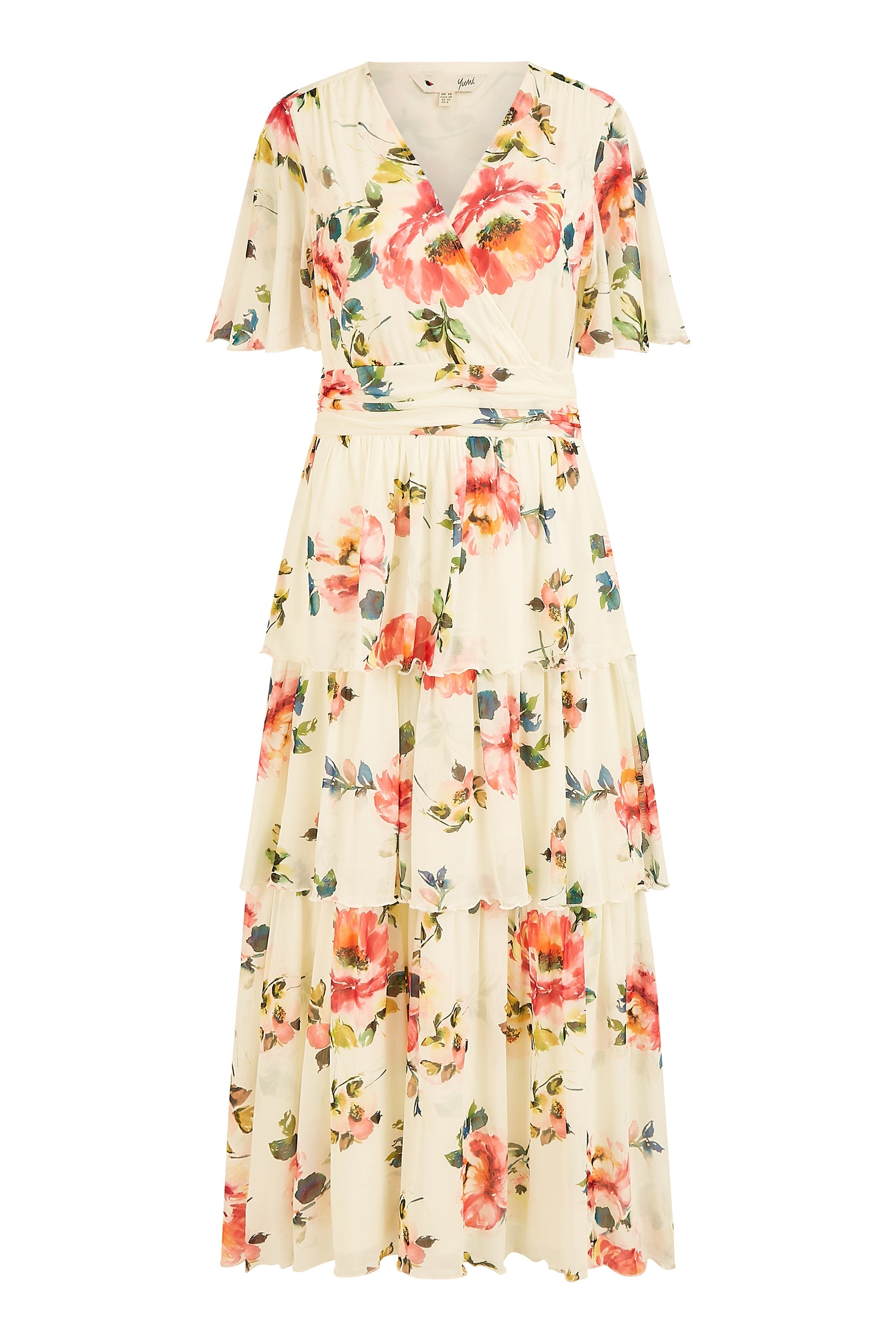 Yumi Ivory Floral Mesh Tiered Maxi Dress