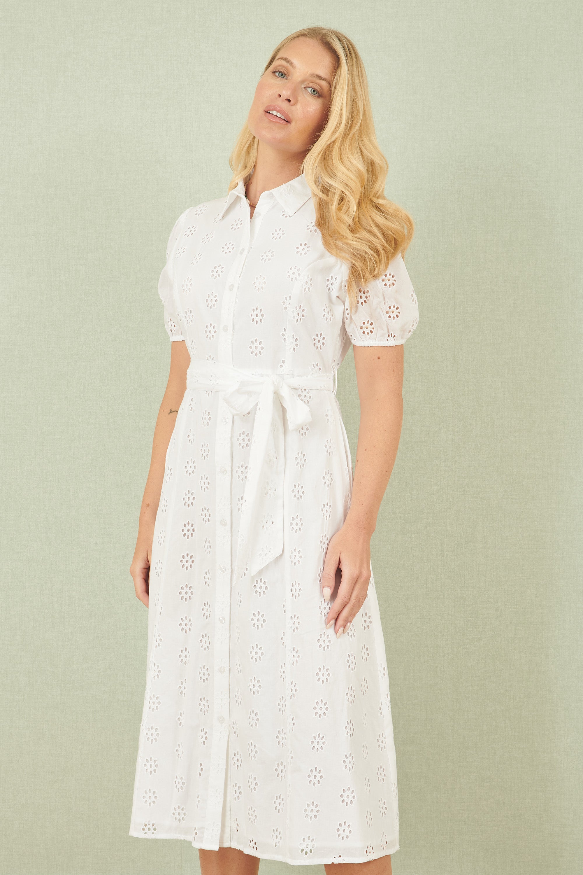 Yumi White Cotton Broderie Anglaise Midi Shirt Dress