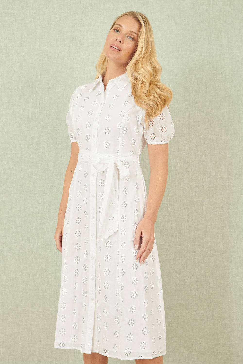 Yumi White Cotton Broderie Anglaise Midi Shirt Dress