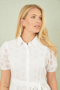 Yumi White Cotton Broderie Anglaise Midi Shirt Dress