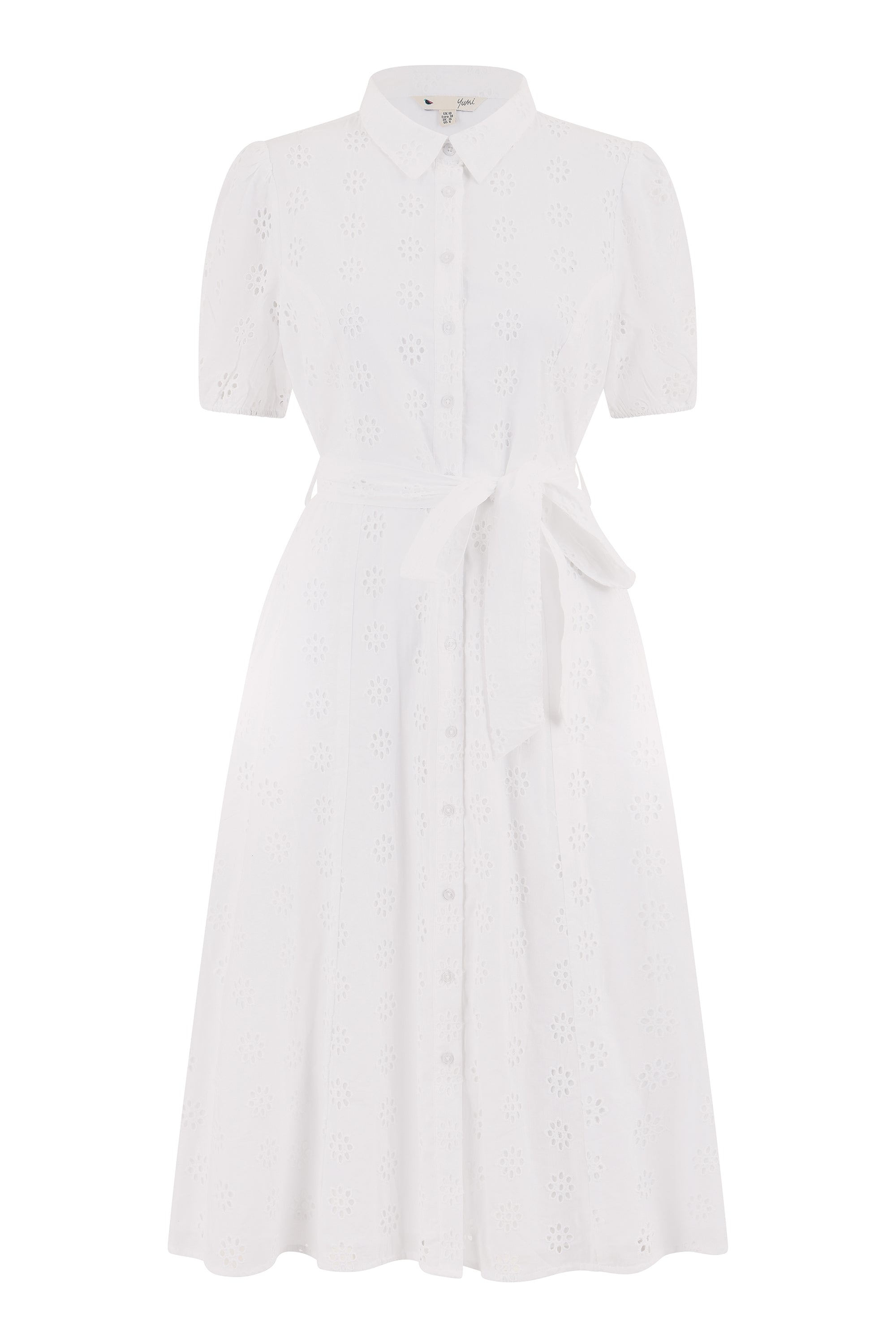 Yumi White Cotton Broderie Anglaise Midi Shirt Dress