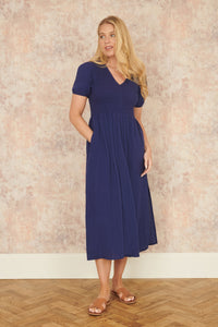 Yumi Navy Double Layer Cotton Ruched Midi Dress
