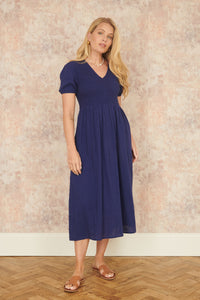 Yumi Navy Double Layer Cotton Ruched Midi Dress