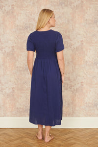 Yumi Navy Double Layer Cotton Ruched Midi Dress
