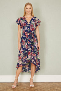 Yumi Blue Floral Wrap Midi Dress With Frill Hem