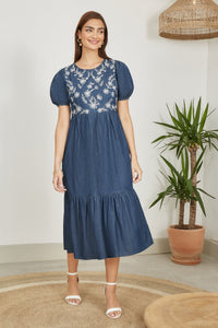 Yumi Blue Chambray Denim Midi Dress With Embroidery And Puff Sleeves