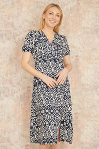 Yumi Navy Ikat Print Midi Dress With Split Hem